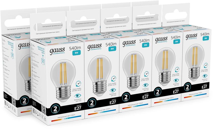 Лампа филам. Gauss Filament 8Вт цок.:E27 шар св.свеч.бел.нейт. (упак.:10шт) (52228) фото 3