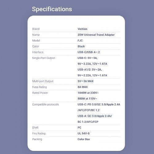 Универсальный дорожный адаптер Vention USB (C + A + A) Черный Vention FJCB0 фото 4