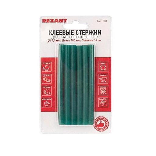 REXANT (09-1018) Клеевые стержни d=7,4 мм, L=100 мм, зеленые (упак. 6 шт.) фото 1