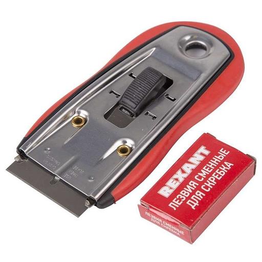 REXANT (12-4963) Скребок с выдвижным лезвием, обрезиненный корпус, 5 запасных лезвий в комплекте фото 1