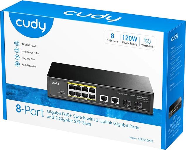 Коммутатор Cudy GS1010PS2 (L2) 10x1Гбит/с 2xКомбо(1000BASE-T/SFP) 2SFP 8PoE 120W неуправляемый фото 5