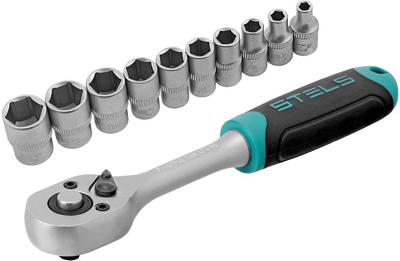 Набор головок STELS 14125 набор торцевых головок 1/4'' головки 4 - 13мм с трещот. ключом crv 11пр. фото 1