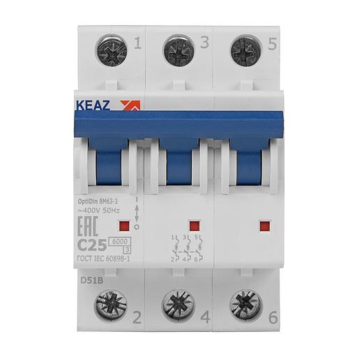 Выключатель автоматический модульный 3п C 25А 6кА OptiDin BM63-3C25-УХЛ3 КЭАЗ 260794 фото 2
