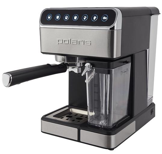 Кофеварка рожковая Polaris PCM 1535E черный/серебристый, молотый, 1.8 л, 1400 Вт, 15 Бар фото 1