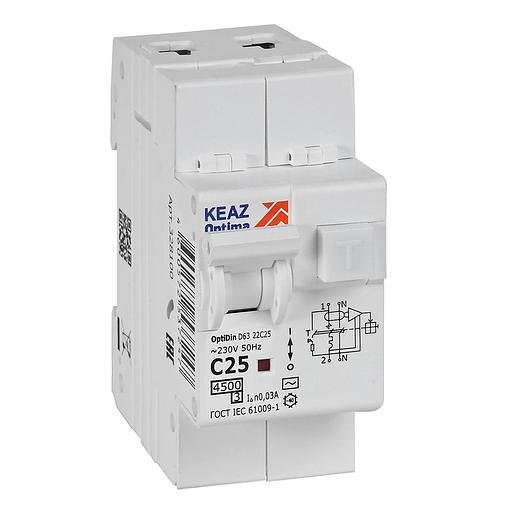 Выключатель автоматический дифференциального тока 2п с защитой от сверхтоков OptiDin D63-22C25-AC-У3 C25 30мА 4.5кА КЭАЗ 328100 фото 1