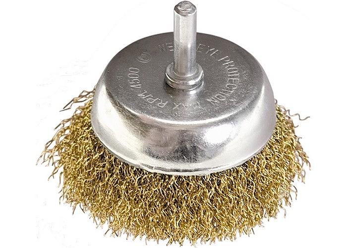 Щетка для дрели MATRIX, 65 мм, "чашка" со шпилькой, латунированная витая проволока 74477 фото 2