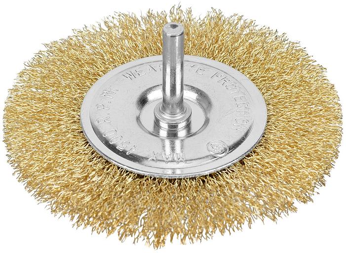 Щетка MATRIX для дрели 100 мм, плоская со шпилькой, латунированная витая проволока 74450 фото 1