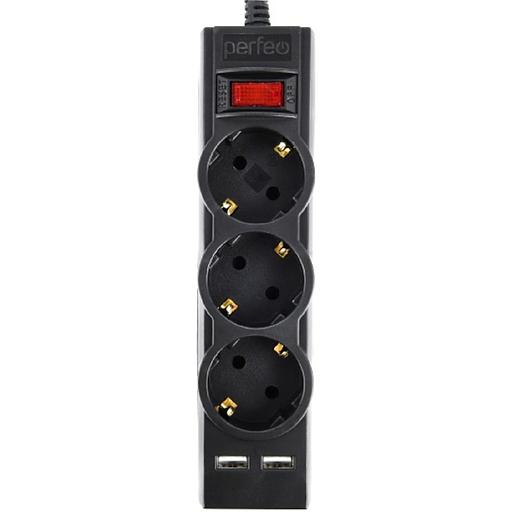 Perfeo сетевой фильтр "POWER-S", 1,8м, 3 розетки 10А, 2USB, 2500 Вт, двойная защита, черный. фото 1