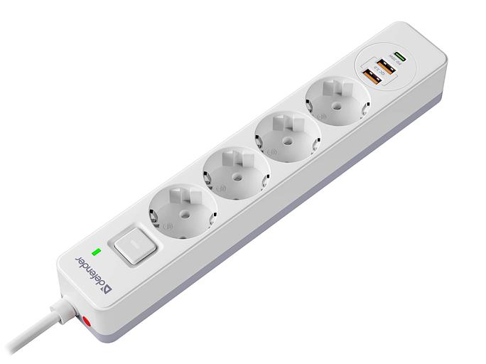 Defender Удлинитель с сетевым фильтром DFS 143, белый, 4розетки, USB+TypeC, 3 м. фото 1
