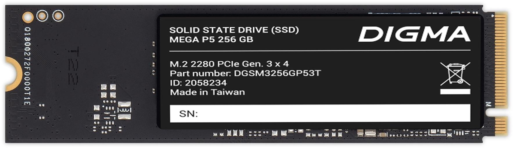 Накопитель SSD Digma PCIe 3.0 x4 256GB DGSM3256GP53T Mega P5 M.2 2280 фото 1