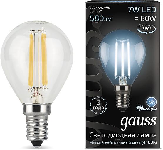 Лампа светодиодная Gauss Filament 7Вт цок.:E14 шар 220B св.свеч.бел.нейт. P45 (упак.:10шт) (105801207) фото 1