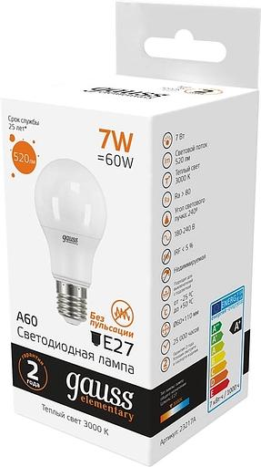 Лампа светодиодная Gauss Elementary 7Вт цок.:E27 груша 220B св.свеч.бел.теп. A60 (упак.:1шт) (23217A) фото 2