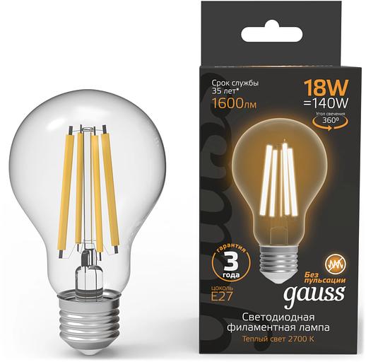 Лампа филам. Gauss Filament 18Вт цок.:E27 груша св.свеч.бел.теп. (упак.:10шт) (102902118) фото 1