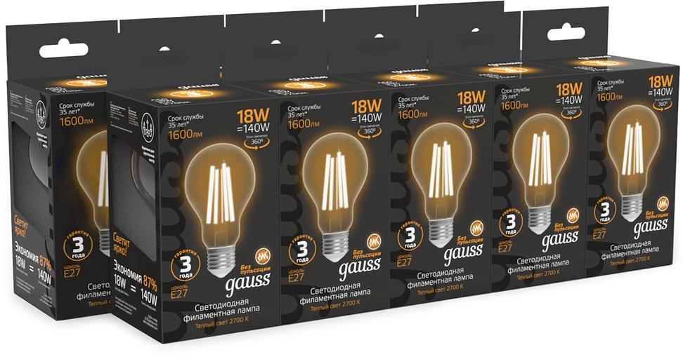 Лампа филам. Gauss Filament 18Вт цок.:E27 груша св.свеч.бел.теп. (упак.:10шт) (102902118) фото 3
