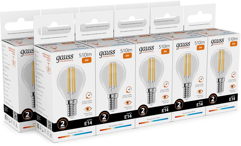 Лампа филам. Gauss Filament 8Вт цок.:E14 шар св.свеч.бел.теп. (упак.:10шт) (52118) фото 3