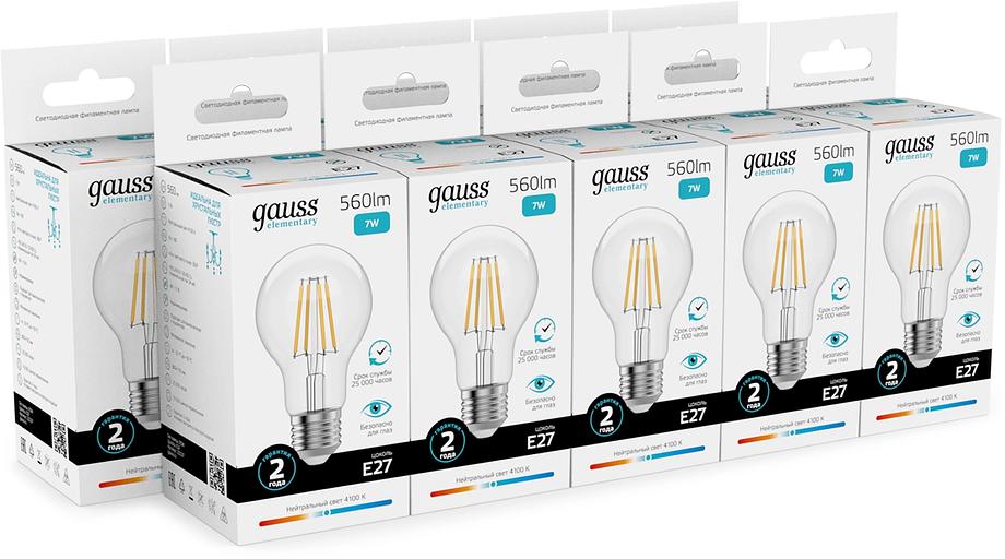 Лампа филам. Gauss Filament 7Вт цок.:E27 груша св.свеч.бел.нейт. (упак.:10шт) (22227) фото 3