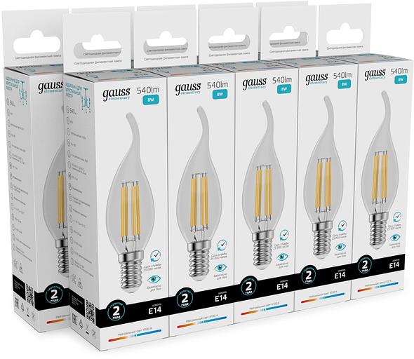 Лампа филам. Gauss Filament 8Вт цок.:E14 свеча св.свеч.бел.нейт. (упак.:10шт) (42128) фото 3