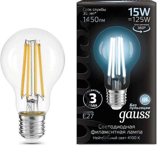 Лампа светодиодная Gauss Filament 102902215 15Вт цок.:E27 груша 220B св.свеч.бел.нейт. (упак.:10шт) фото 1