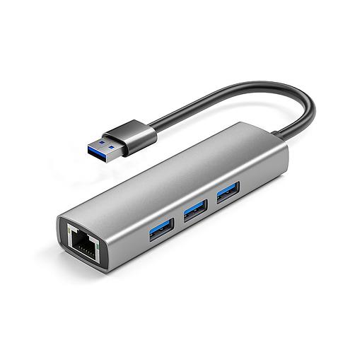ORIENT JK-340N, разветвитель-сетевая карта USB 3.2 Gen1 (5 Гбит/c), порты: 3xUSB-A + RJ45 Gigabit Ethernet, RTL8153, 100/1000 Мбит/с, кабель USB Type-A, алюминиевый корпус, серебристый (33308) фото 1