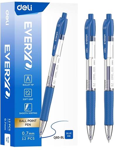 Ручка шариков. автоматическая Deli Every EQ60-BL прозрачный/синий d=0.7мм син. черн. кругл. резин. манжета фото 1
