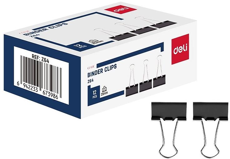 Зажимы Deli EZ64 металл 25мм черный (упак.:12шт) картонная коробка фото 1