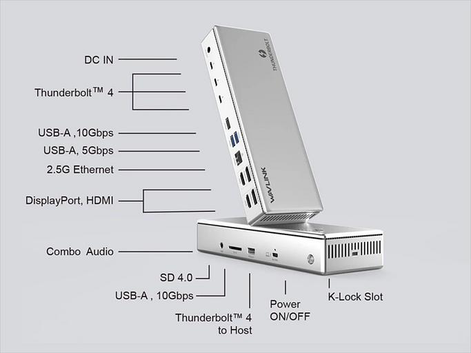 Док-станция WAVLINK Thunderbolt 4 Quad Display/96W Power Delivery Include 20V/11.5A Power Adapter/4xUSB3.0/3xThunderbolt 4/2xDP 4K 60HZ/2xHDMI 4K 60HZ/1xGigabit LAN/1xCombo Audio Jack/1xCardReader фото 6