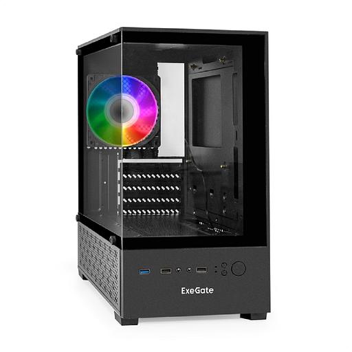 Exegate EX298221RUS Корпус Minitower ExeGate i3 SEA (mATX, без БП, 1*USB+1*USB3.0, HD аудио, черный, 1 вент. 12см с RGB подсветкой, передняя и боковая панели - закаленное стекло) фото 1