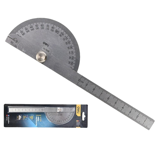 Транспортир переставной с линейкой Deli DL7306 150мм, диапазон 0-180 град., нержавеющая сталь фото 1