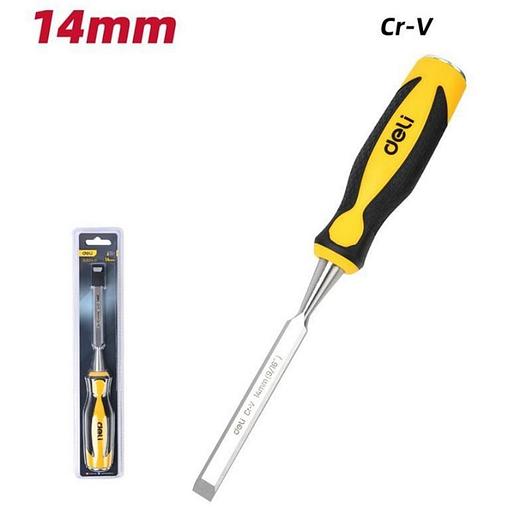 Стамеска плоская Deli DL6214-E1 ширина 14мм, длина 140мм, CrV, прорезиненная рукоять фото 1