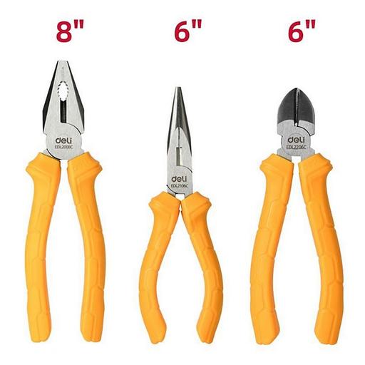 Набор плоскогубцев Deli DL2008C-3 (комбинированные плоскогубцы 200мм, удлиненные плоскогубцы 160мм, диагональные бокорезы 160мм, однокомпонентная ручка) фото 1