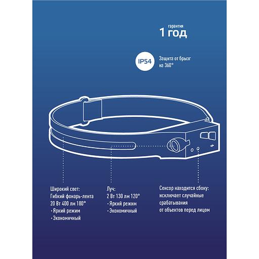 Фонарь налобный аккум сенсорн/20ВтCOB+2ВтXPE/Li-po 102540 1200mAh/гибк корп/USBtC фото 9