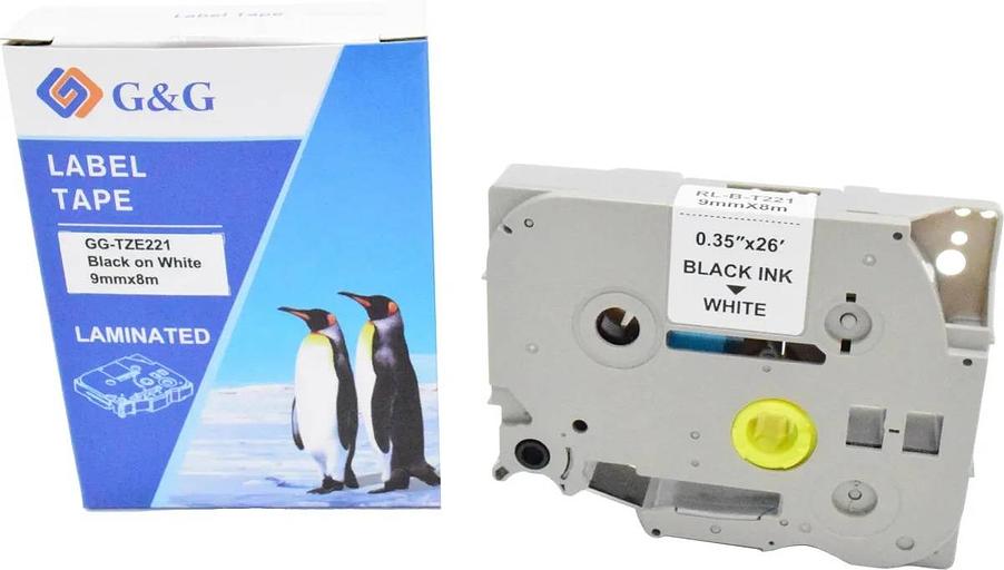 Картридж ленточный G&G, аналог Brother TZE221 черный на белом 9х8 фото 1