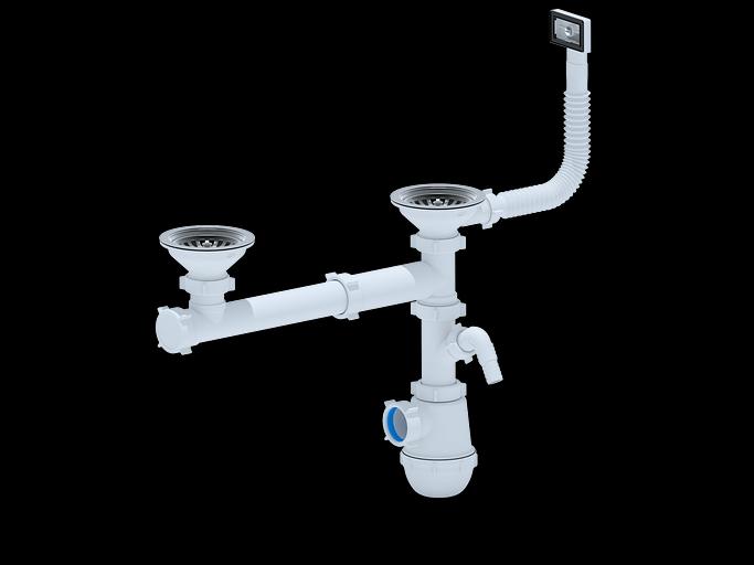 Cифон для мойки АНИ Грот 3 1/2'X40 двойной одноуровневый смещенный с гибким переливом и отводом стиральной машины фото 1