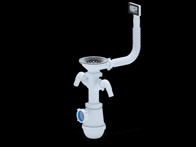 Сифон для мойки АНИ Грот 3 1/2'X40 с двумя отводами для стиральной и посудомоечной машины с переливом фото 1