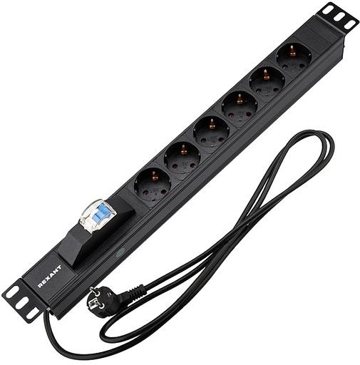 Блок распределения питания для 19" шкафов, горизонтальный, 6 розеток СЕЕ 7/4, 16A, автомат защиты, алюм корп, шнур 2м, вилка СЕЕ 7/7 REXANT фото 1