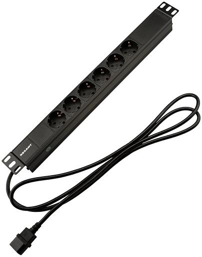 Блок распределения питания для 19" шкафов, горизонтальный, 6 розеток СЕЕ 7/4, 10A, без выкл, алюм корп, шнур 2м, вилка C14 REXANT фото 1