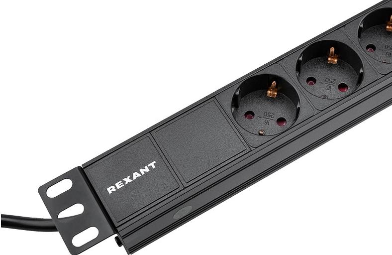 Блок распределения питания для 19" шкафов, горизонтальный, 6 розеток СЕЕ 7/4, 10A, без выкл, алюм корп, шнур 2м, вилка C14 REXANT фото 2