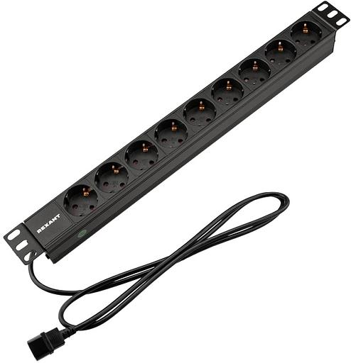 Блок распределения питания для 19" шкафов, горизонтальный, 9 розеток СЕЕ 7/4, 10A, без выкл, алюм корп, шнур 2м, вилка C14 REXANT фото 1