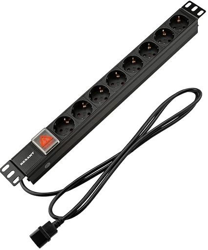 Блок распределения питания для 19" шкафов, горизонтальный, 8 розеток СЕЕ 7/4, 10A, выкл, алюм корп, шнур 2м, вилка C14 REXANT фото 1