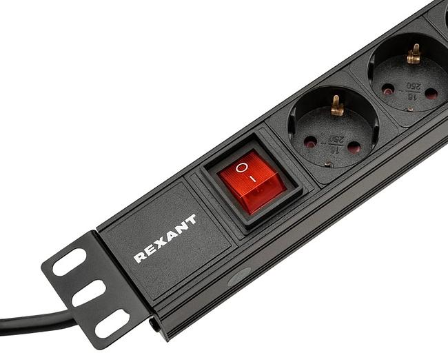 Блок распределения питания для 19" шкафов, горизонтальный, 8 розеток СЕЕ 7/4, 10A, выкл, алюм корп, шнур 2м, вилка C14 REXANT фото 2