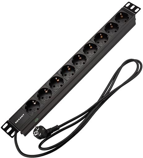 Блок распределения питания для 19" шкафов, горизонтальный, 9 розеток СЕЕ 7/4, 16A, без выкл, алюм корп, шнур 2м, вилка СЕЕ 7/7 REXANT фото 1