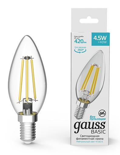 Лампа светодиодная Gauss Basic 1031215 4.5Вт цок.:E14 свеча 220B 4100K св.свеч.бел.нейт. (1 шт.) фото 1