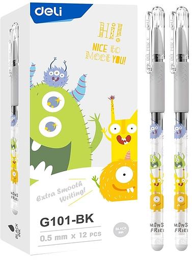 Ручка гелев. Deli EG101-BK прозрачный d=0.5мм черн. черн. карт.уп. игловидный пиш. наконечник резин. манжета фото 1
