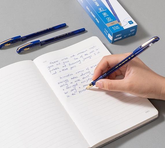 Ручка шариков. Deli EQ90 синий/золотистый d=0.7мм син. черн. карт.уп. резин. манжета чернила пониженной вязкости фото 2