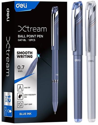 Ручка шариков. Deli Xtream (EQ47-BL) d=0.7мм син. черн. карт.уп. игловидный пиш. наконечник резин. манжета чернила пониженной вязкости фото 1