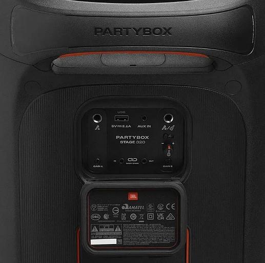 Портативная акустика JBL PartyBox Stage 320 /240 Вт/4жинамика/Bluetooth 5.3/USB/3.5 мм/влагозащита IPX4/подсветка/до 18ч.работы/черный (JBLPBSTAGE320EP) фото 9