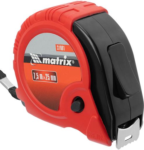 Рулетка строительная Matrix Rubber дл.полотна 7.5м изм.шкала в см зацеп простой красный/черный (31001) фото 1