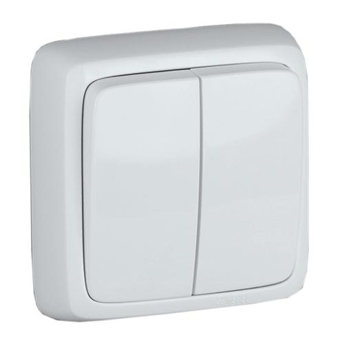 Выключатель двухклавишный наружный с изоляционной пластиной белый 10А фото 1