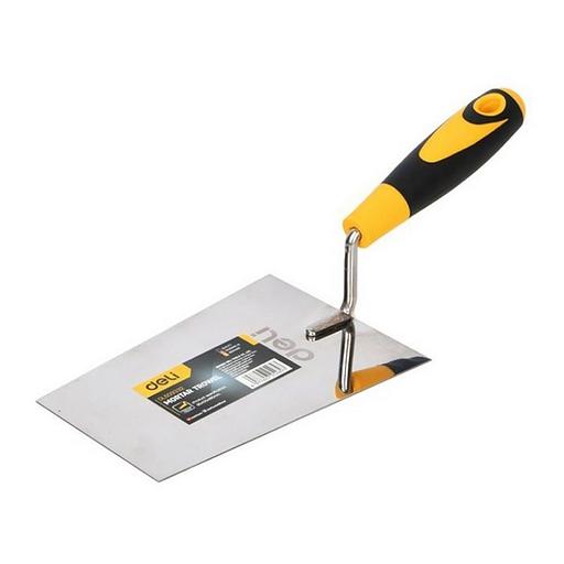 Кельма (мастерок) Deli DL509332 нержавеющая сталь, рабочая часть 95х125х180мм, форма "трапеция", прорезиненная рукоятка фото 1