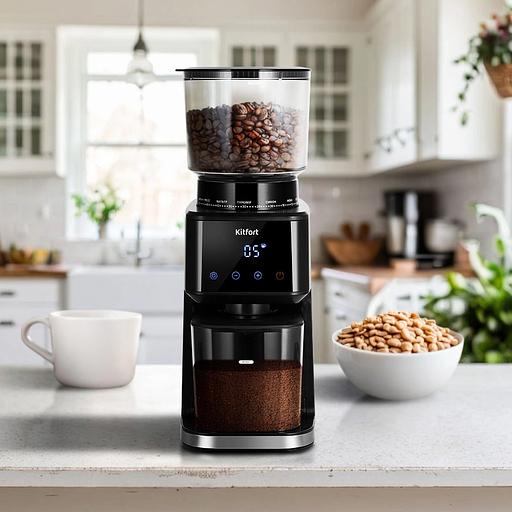 Кофемолка Kitfort КТ-7517 165Вт сист.помол.:жернова вместим.:275гр черный/серебристый фото 2